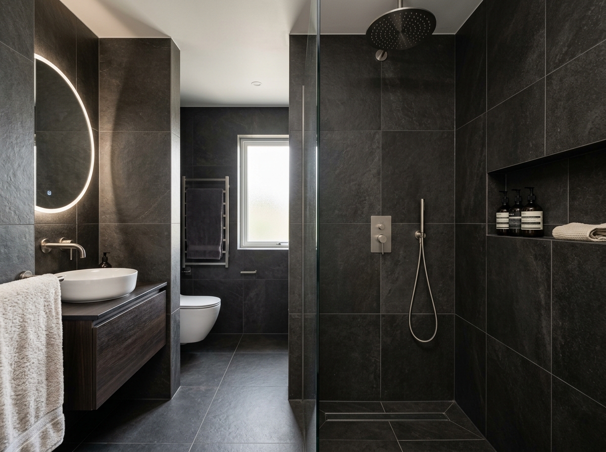 Siyah ankastre bataryalı tamamlanmış lüks banyo