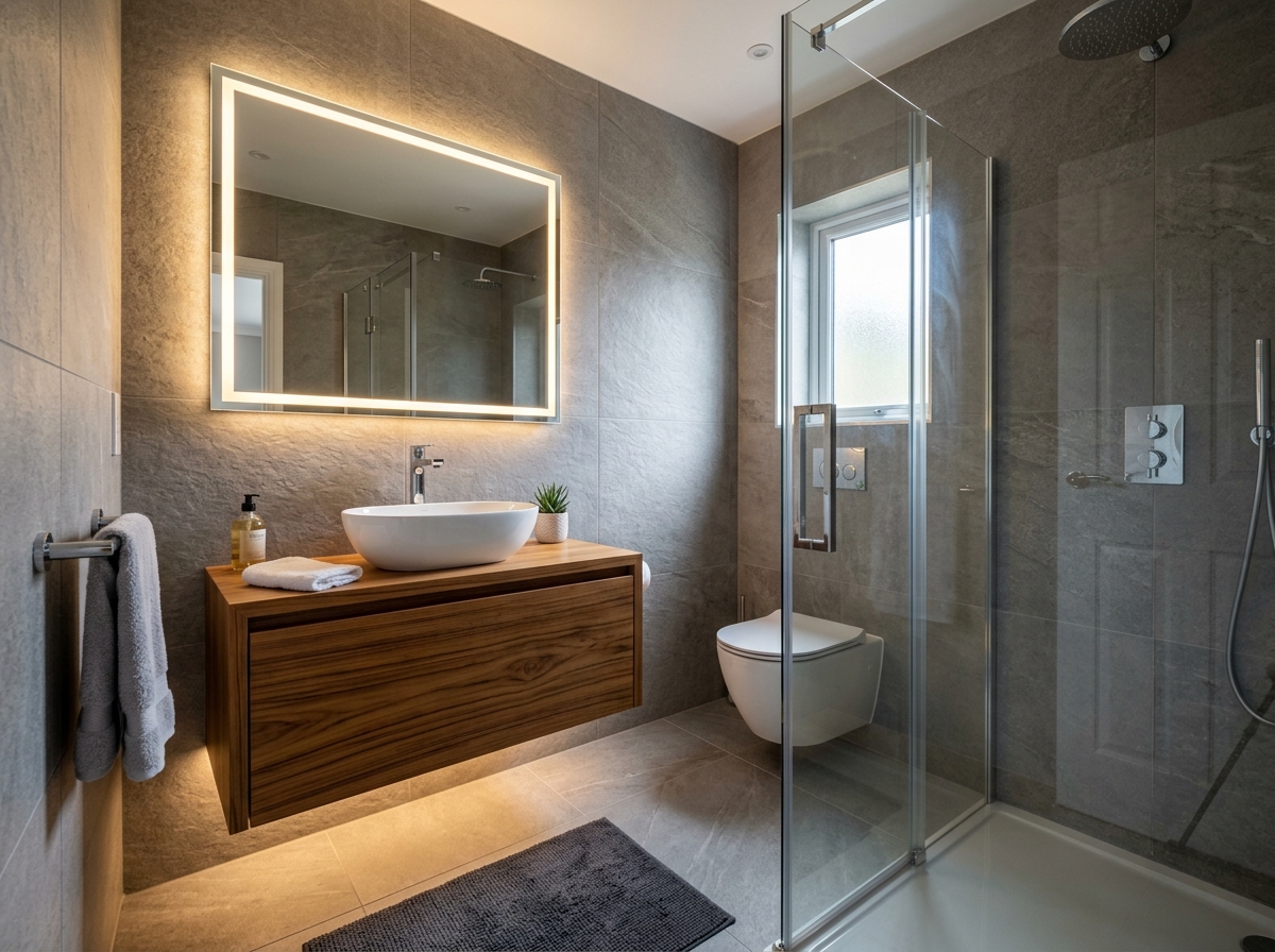Tamamlanmış duş kanallı lüks cam banyo