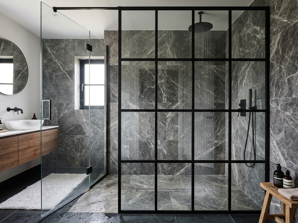 Tamamlanmış walk-in şeffaf cam duş paneli